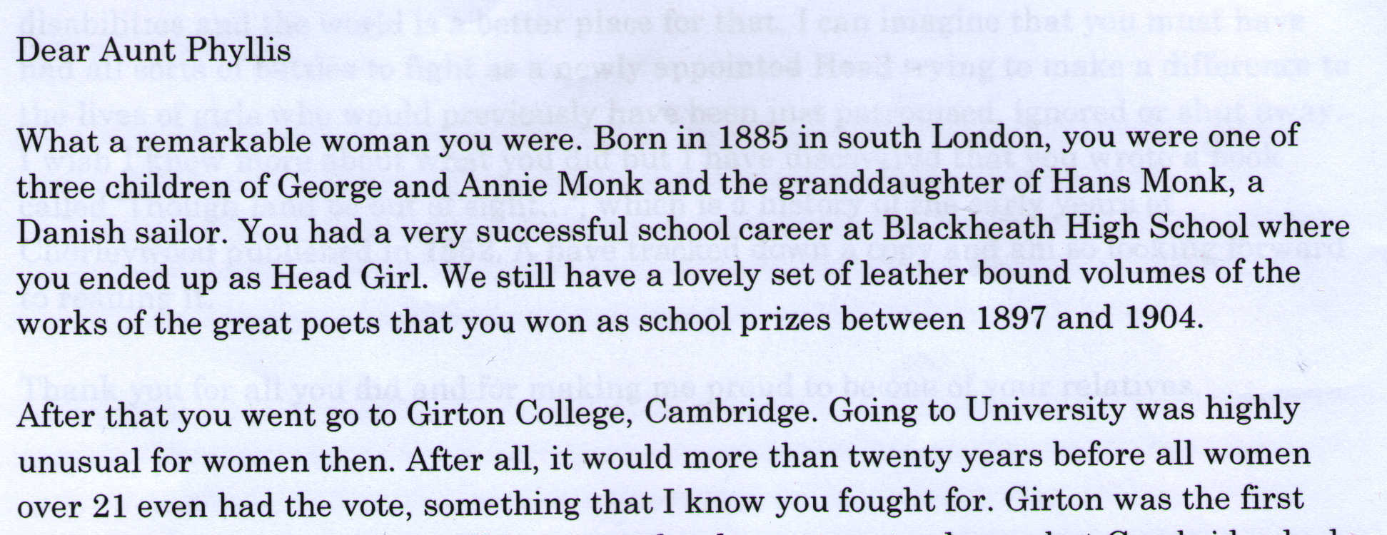 Letter to Phyllis Monk from Peter Foale